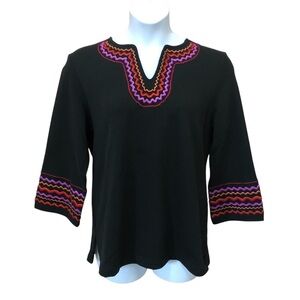 VTG Bob Mackie Wearable Art Women’s Boho Tunic Top L Black Embroidered Flare GUC